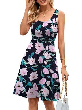 Women's Purple Flower A line Sleeveless Wide Strap High Waist Tank Midi Dress